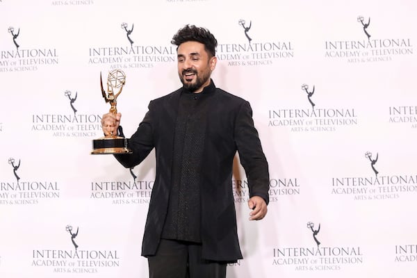 Vir Das poses in the press room with the Emmy for Best Comedy for "Vir Das: Landing" at the 51st International Emmy Awards at the New York Hilton Midtown on Monday, Nov. 20, 2023, in New York. (Photo by Andy Kropa/Invision/AP)