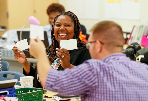 Principal Dione Simon Taylor during a meeting with an instructional coach and the first-grade teaching team.   Bob Andres / robert.andres@ajc.com