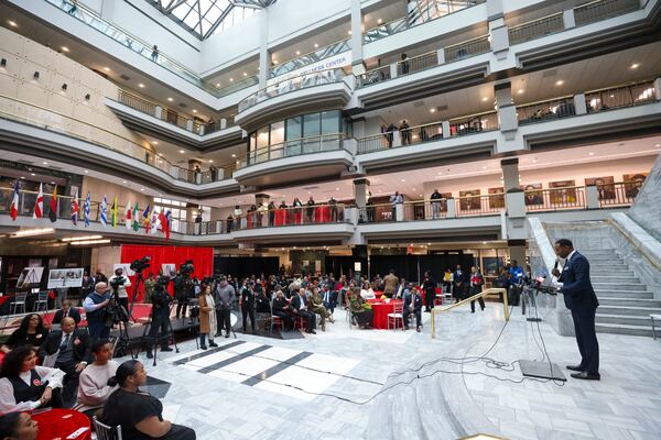 Atlanta Mayor Andre Dickens speaks during the celebration commemorating the 50th anniversary of the inauguration of Mayor Maynard Jackson at the Atlanta City Hall Atrium, Monday, January 8, 2024, in Atlanta. (Jason Getz / Jason.Getz@ajc.com)