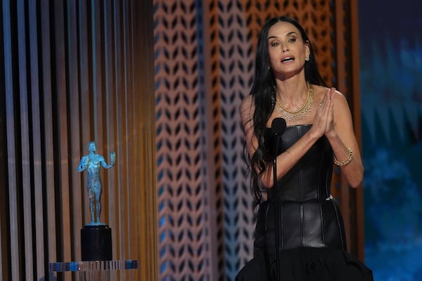 Demi Moore accepts the award for outstanding performance by a female actor in a leading role for "The Substance" during the 31st annual Screen Actors Guild Awards on Sunday, Feb. 23, 2025, at the Shrine Auditorium in Los Angeles. (AP Photo/Chris Pizzello)