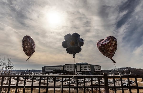 Balloons are seen in front of UPMC Memorial Hospital in York, Pa. on Saturday, Feb. 22, 2025. (Sean Simmers/The Patriot-News via AP)