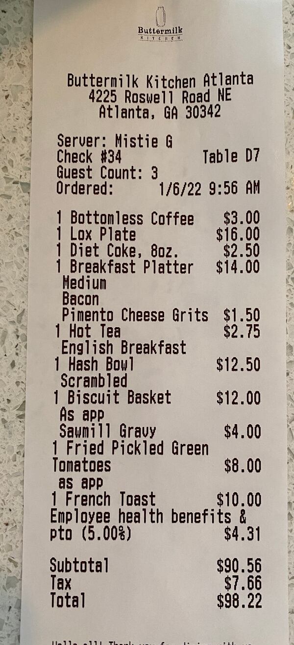 Buttermilk Kitchen owner Suzanne Vizethann added a 5% pre-tax surcharge on all transactions to cover health care and sick leave. The added fee appears as a line item on all customer receipts. Courtesy of Suzanne Vizethann