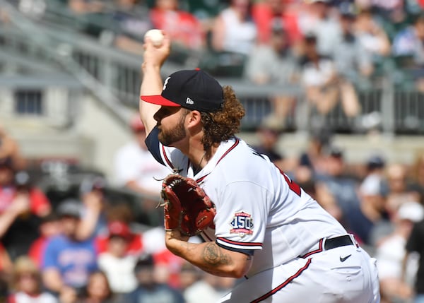 Braves starting pitcher Bryse Wilson throws in the second inning. (Hyosub Shin / Hyosub.Shin@ajc.com)