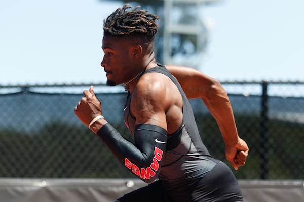 Georgia's Elija Godwin during the Torrin Lawrence Memorial track meet in Athens, Ga., on Saturday, Apr. 27, 2019. (Photo by Kristin M. Bradshaw)