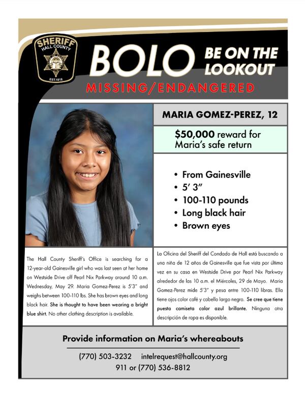 A flyer for missing Gainesville 12-year-old Maria Gomez-Perez.