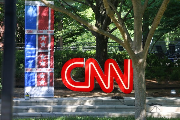 CNN THIS WEEK: Part of the CNN “debate day,” outdoor set is shown at the CNN Techwood campus, Wednesday, June 26, 2024, in Atlanta. CNN is preparing to host the Presidential Debate between former President Donald Trump and President Joe Biden, Thursday night, June 27th. (Jason Getz / AJC)
