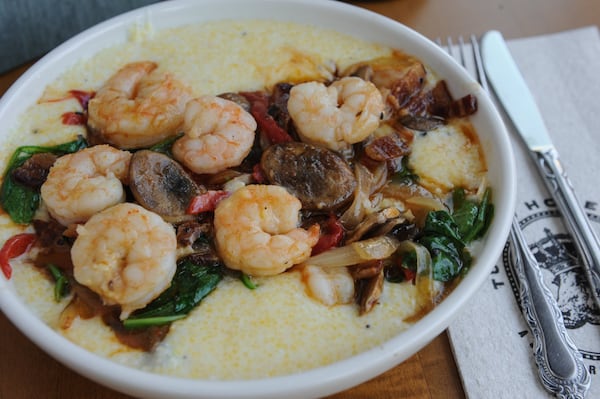 Shoo Mercy Shrimp & Grits- with caramelized onions, mushrooms, spinach, bacon and additional shrimp. (BECKY STEIN PHOTOGRAPHY)