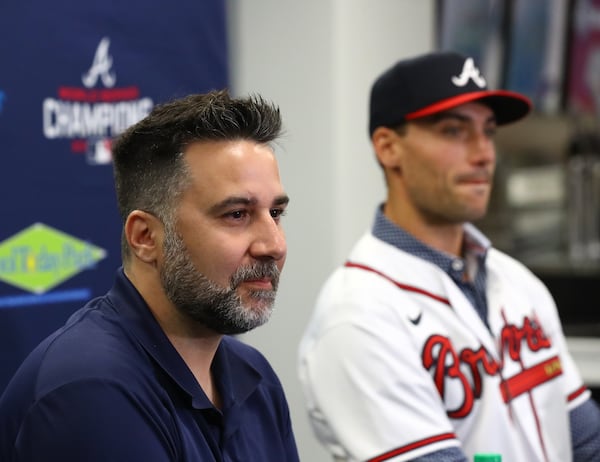 Atlanta Braves GM Alex Anthopoulos introduces newly acquired All-Star first baseman Matt Olson, signed to an eight-year, $168 million deal that runs through the 2029 season, at his press conference during Spring Training at CoolToday Park on Tuesday, March 15, 2022, in North Port.  Curtis Compton / Curtis.Compton@ajc.com