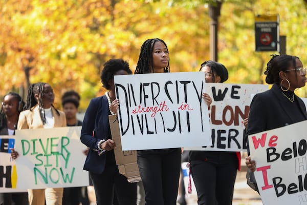 Around 100 students participate in the U.R.G.E. March for Diversity on the Georgia Tech campus on Friday, Oct. 20, 2023, in Atlanta. The Georgia Tech students marched to push the school and the University System of Georgia to address racial diversity and maintain and increase funding for diversity programs. (Jason Getz/AJC 2023)