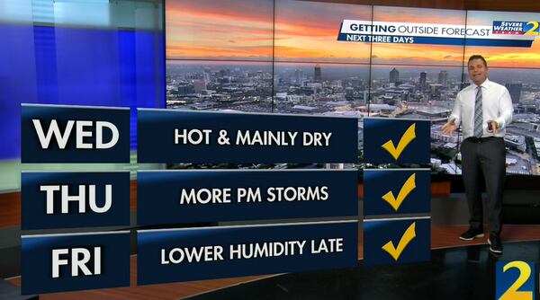 Atlanta should stay hot and mainly dry Wednesday before rain chances increase Thursday. Behind the storms, humidity should drop Friday morning, Channel 2 Action News meteorologist Brian Monahan said.