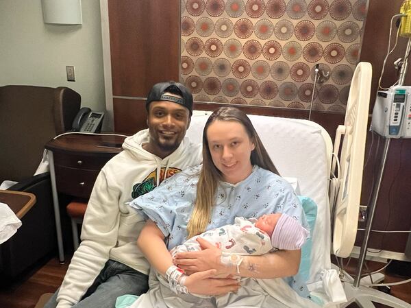 Drayden Fletcher was the first baby of 2025 born at Piedmont Newnan Hospital, shown here with his mom, Angela Fletcher, and dad, CJ Fletcher, from Sharpsburg. (Courtesy of Piedmont Newnan Hospital)