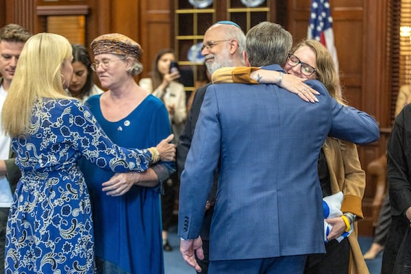 Gov. Brian Kemp and first lady Marty Kemp welcome an Israeli delegation to the Georgia State Capitol on Oct. 31, 2023. (Steve Schaefer/steve.schaefer@ajc.com)