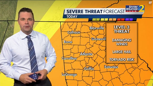 All of North Georgia is considered to be at an enhanced Level 3 risk of severe weather Friday, according to the National Weather Service.