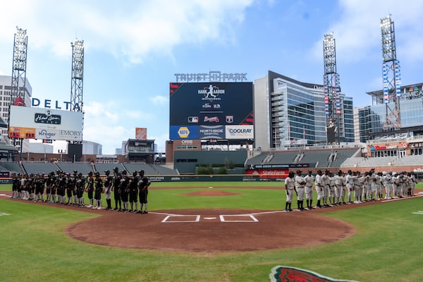 ATLANTA GA - AUGUST 3: Hank Aaron Invitational showcase game before the game against the Miami Marlins at Truist Park on August 3, 2024. (Photo by Lyndon Terrell for the Atlanta Braves)