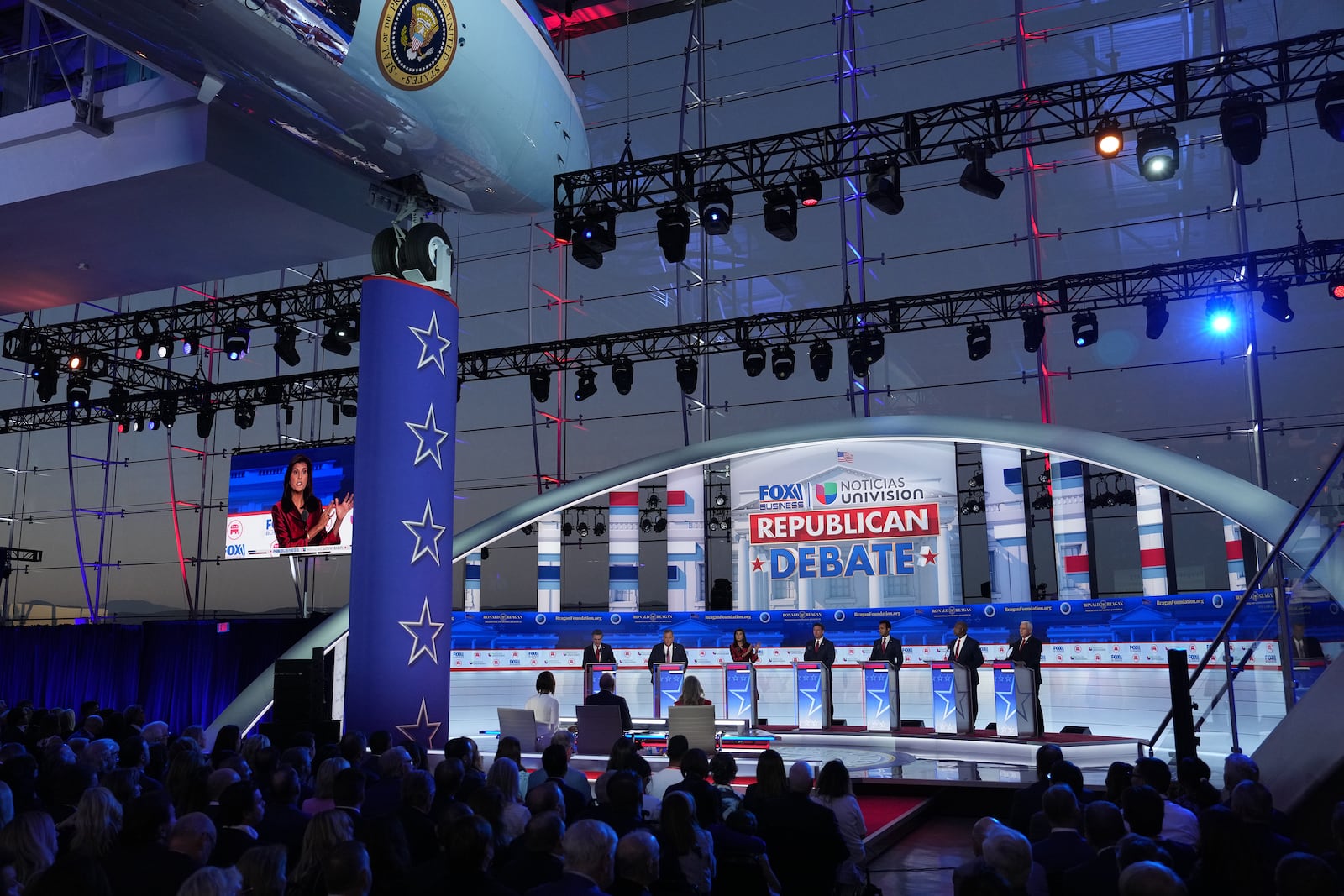 Former South Carolina Gov. Nikki Haley is seen on a screen as she speaks during the second Republican presidential debate Wednesday at the Ronald Reagan Presidential Library in Simi Valley, Calif. She was involved in some of the event's most heated encounters, sparring with several of the other hopefuls. (Todd Heisler/The New York Times)
                      