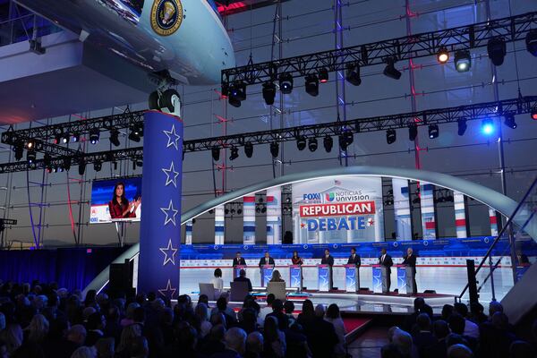 Former South Carolina Gov. Nikki Haley is seen on a screen as she speaks during the second Republican presidential debate Wednesday at the Ronald Reagan Presidential Library in Simi Valley, Calif. She was involved in some of the event's most heated encounters, sparring with several of the other hopefuls. (Todd Heisler/The New York Times)
                      