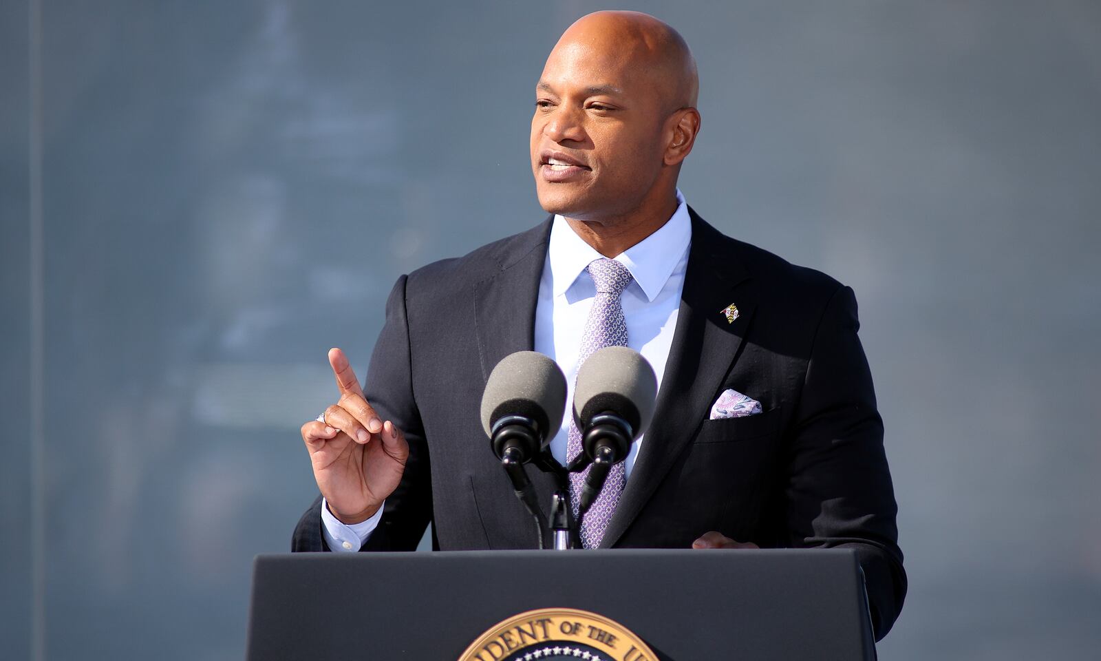 Maryland Gov. Wes Moore speaks, Tuesday, Oct. 29, 2024, at the Dundalk Marine Terminal in Baltimore. (AP Photo/Daniel Kucin Jr.)