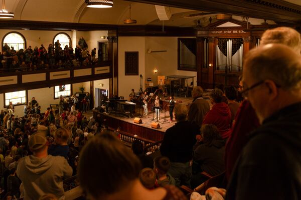 Students leading worship inside Hughes Chapel on the campus of Asbury University in Wilmore, Ky., on Feb. 17, 2023. Over two weeks, more than 50,000 people descended on a small campus chapel to experience the nation’s first major spiritual revival in decades — one driven by Gen Z. (Jesse Barber/The New York Times)