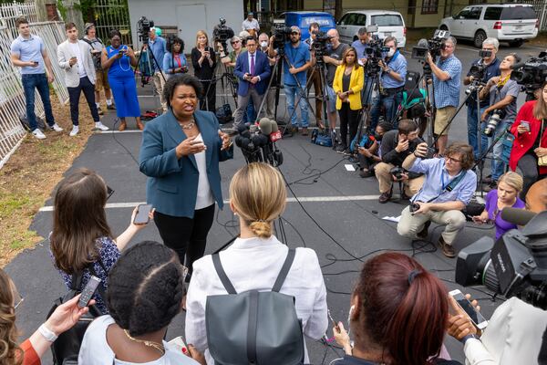 Stacey Abrams talks at a press conference at Israel Baptist Church in Atlanta Tuesday, May 23, 2022. (Steve Schaefer / steve.schaefer@ajc.com)