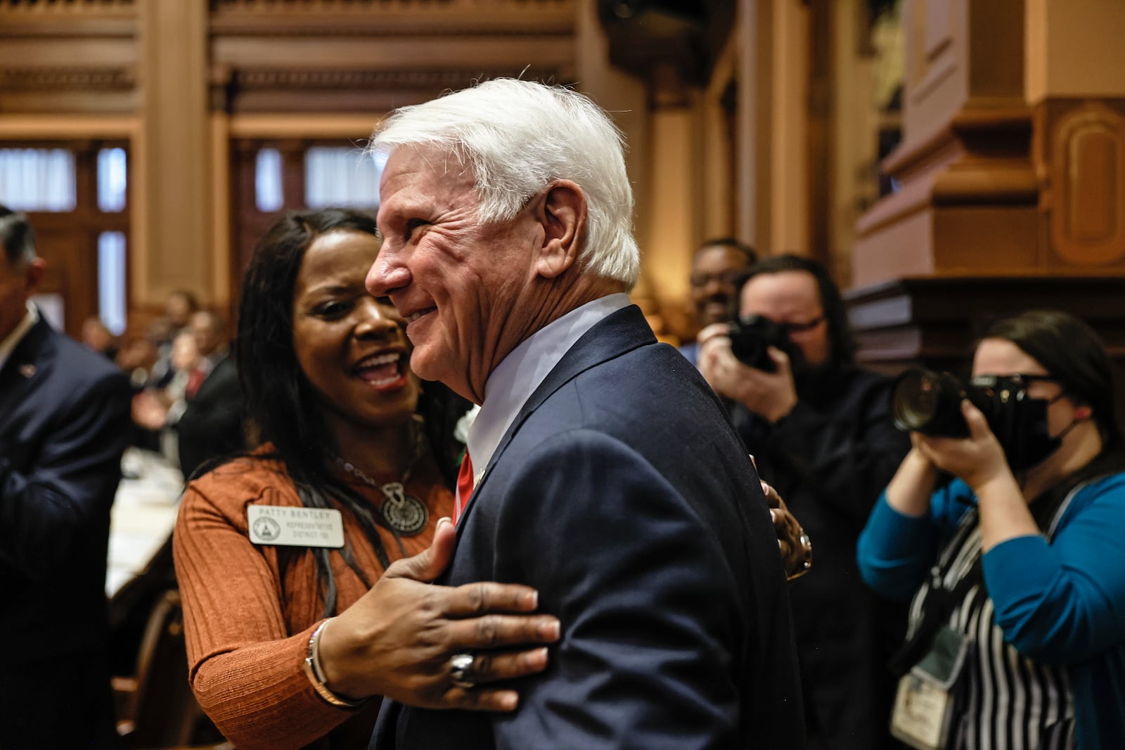 State Rep. Patty Bentley has now taken two oaths at the Georgia Capitol, the first when the Butler Democrat was sworn into the state House and the second Wednesday, when she married her new husband, Bobby Stinson, under the Gold Dome. She is pictured earlier this year with  Speaker of the Georgia House Jon Burns. (Natrice Miller/natrice.miller@ajc.com)