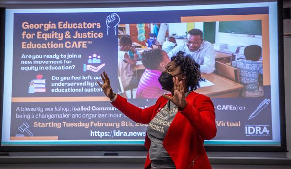 Gwinnett County Public Schools teacher Aireane Montgomery speaks to Georgia State University education students on Feb. 7, 2022. (Steve Schaefer for The Atlanta Journal-Constitution) 