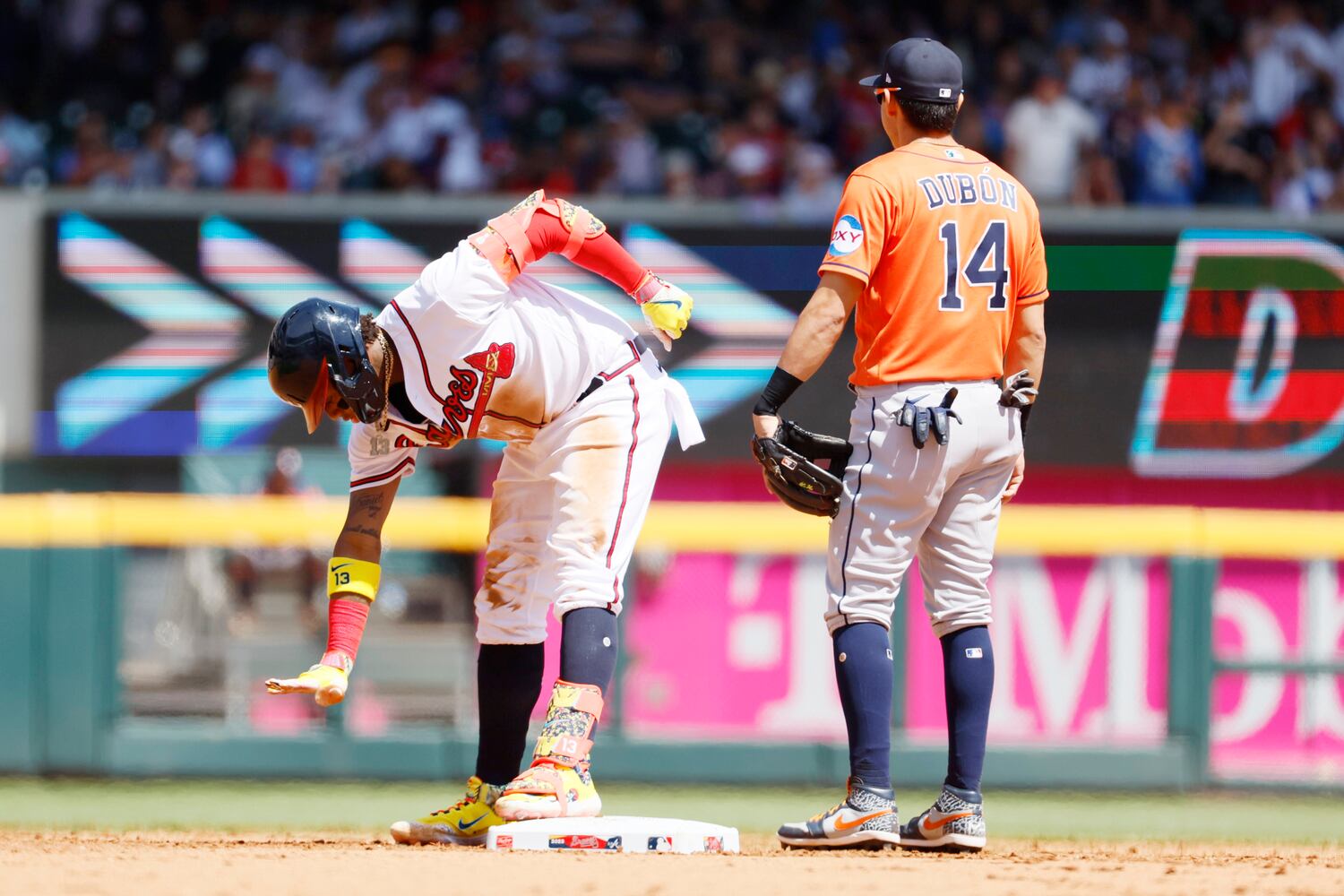 Braves right fielder Ronald Acuña reacts after hitting a double during the sixth inning against the Astros at Truist Park on Sunday, April 23, 2023, in Atlanta. 
Miguel Martinez / miguel.martinezjimenez@ajc.com 