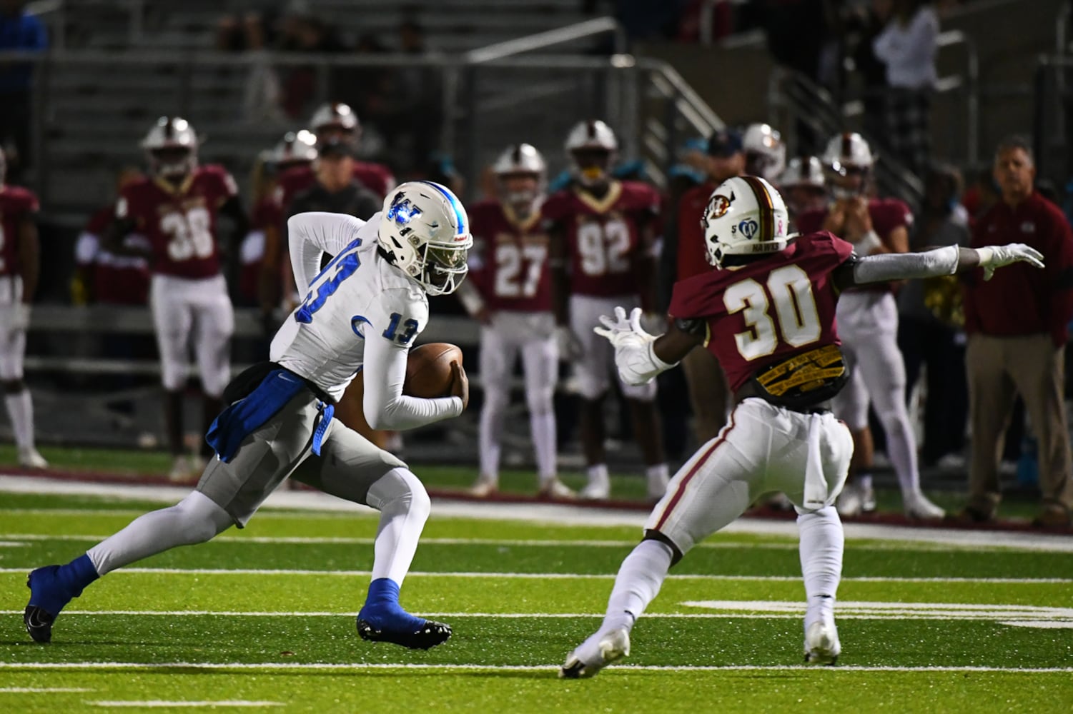 RJ Johnson, quarterback for Westlake, runs the ball. (Jamie Spaar for the Atlanta Journal Constitution)