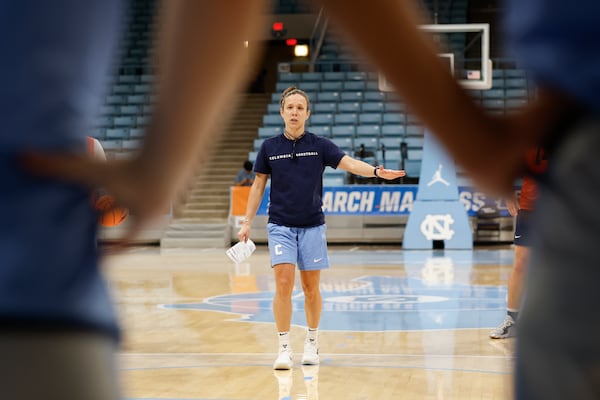 Columbia head coach Megan Griffith talks to her team at practice in Chapel Hill, N.C., Wednesday, March 19, 2025, before their First Four basketball game in the NCAA Tournament against Washington on March 20. (AP Photo/Nell Redmond)