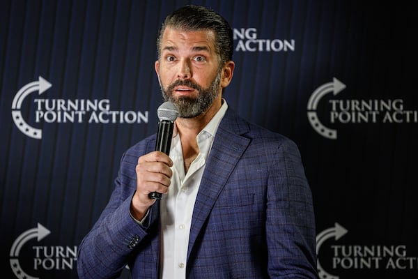 Donald Trump Jr. speaks during a town hall meeting Monday, March 17, 2025, in Oconomowoc, Wis. (AP Photo/Jeffrey Phelps)