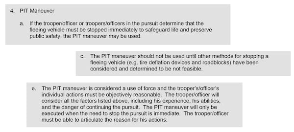 Excerpts from this Georgia State Patrol pursuit policy manual revised on April 9, 2019, outline some of the agency's guidelines for when troopers should attempt a PIT maneuver. Courtesy of Georgia State Patrol