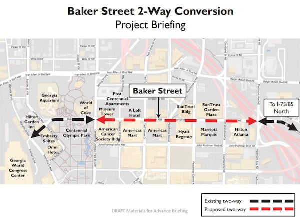 A map of proposed changes to Baker Street in downtown Atlanta. (City of Atlanta)