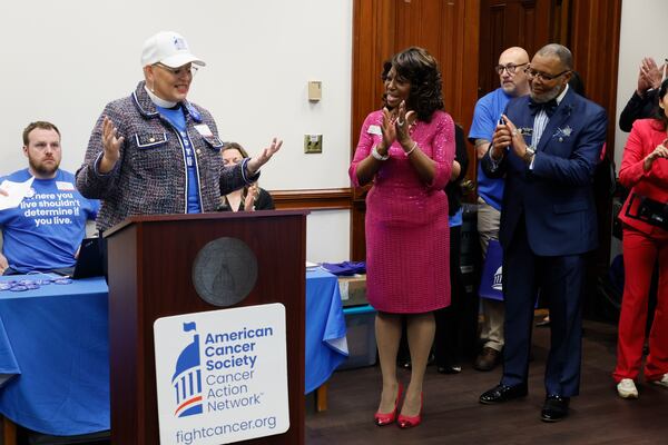 Jill Henning, a cancer advocate and survivor, speaks during the 2025 Georgia Cancer Action Day at the state Capitol on Tuesday, Feb. 4, 2025. (Miguel Martinez/ AJC)