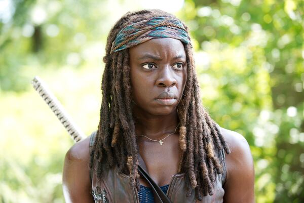 Danai Gurira as Michonne - The Walking Dead _ Season 5, Episode 9 - Photo Credit: Gene Page/AMC Danai Gurira as Michonne, who has a firm opinion on what they should do next - The Walking Dead _ Season 5, Episode 9 - Photo Credit: Gene Page/AMC