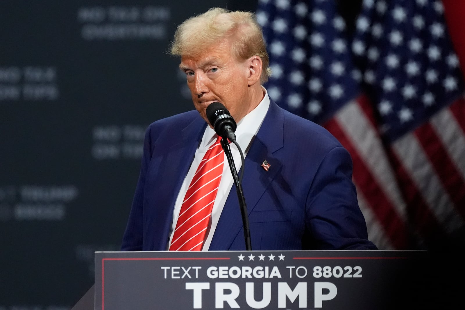 Republican presidential nominee former President Donald Trump speaks at a campaign event at the Cobb Energy Performing Arts Centre, Tuesday, Oct. 15, 2024, in Atlanta. (AP Photo/John Bazemore)