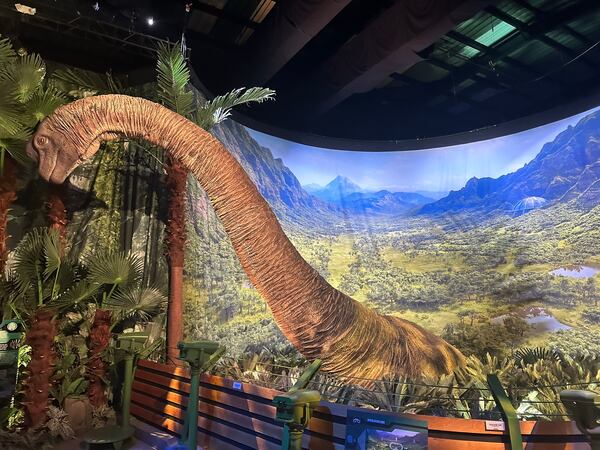 The new "Jurassic World" exhibition at Pullman Yards opened May 26, 2023 but had to close for nine days after vandals damaged the place. It reopens June 7, 2023. RODNEY HO/rho@ajc.com