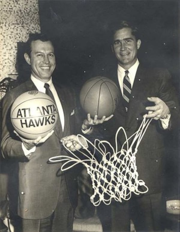 Former Gov. Carl Sanders, left, and Tom Cousins bought the St. Louis Hawks to Atlanta in 1968, marking the NBA’s first foray into the South.