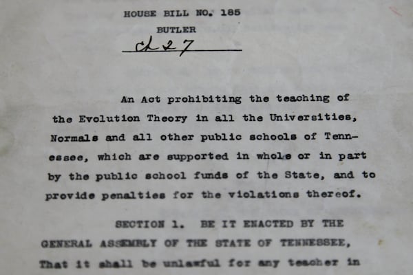 The Butler Act, the Tennessee law banning the teaching of evolution in public schools that was challenged during the Scopes Monkey Trial in 1925, is seen at the Tennessee State Library and Archives in Nashville, Tenn., on Monday, March 3, 2025. (AP Photo/Kristin M. Hall)