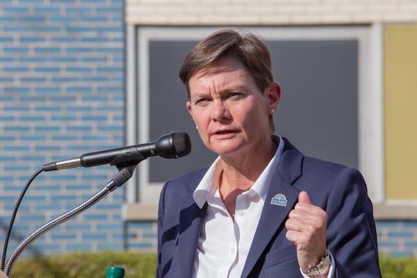 Atlanta VA Director Ann Brown makes remarks outside the VA Medical  Center on Clairmont Road in 2020. Brown has been Atlanta VA's director since 2019.  (Jenni Girtman for The Atlanta Journal-Constitution)