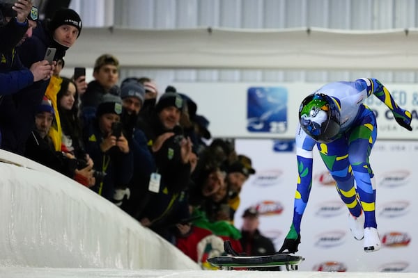 Nicole Rocha Silveira, of Brazil, competes during her first run at the skeleton world championships, Thursday, March 6, 2025, in Lake Placid, N.Y. (AP Photo/Julia Demaree Nikhinson)