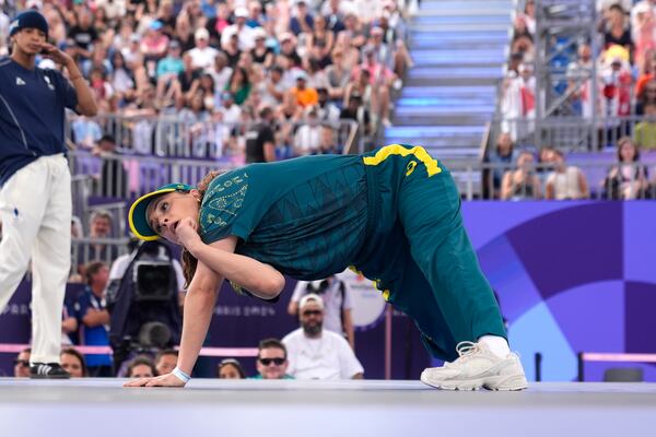 FILE - Australia's Rachael Gunn, known as B-Girl Raygun, competes during the Round Robin Battle at the breaking competition at La Concorde Urban Park at the 2024 Summer Olympics, Friday, Aug. 9, 2024, in Paris, France. (AP Photo/Frank Franklin, File)