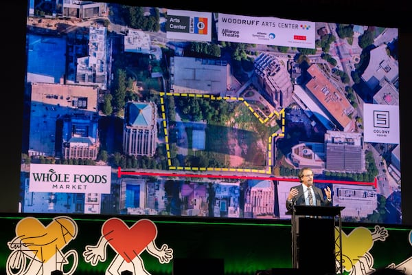 “For years, we’ve sat and talked about the imperative of creating open space in Midtown to permanently protect,” Midtown Alliance President and CEO Kevin Green told the 1,000-plus person crowd at the Fox Theatre on Tuesday. (Arvin Temkar/AJC)