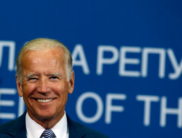 U.S. Vice President Joe Biden smiles during a press conference after a meeting with Serbian Prime Minister Aleksandar Vucic at the Serbia Palace in Belgrade, Serbia, Tuesday, Aug. 16, 2016. Biden, who played an important role in ending wars in the Balkans in the 1990s, has arrived for talks in Serbia amid simmering tensions in the still volatile European region. (AP Photo/Darko Vojinovic)