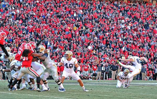 Georgia Tech kicker Harrison Butker has an admirer in Tech kicking great Scott Sisson, who called his game-tying kick against Georgia "such a monster kick." (AJC photo by Hyosub Shin)