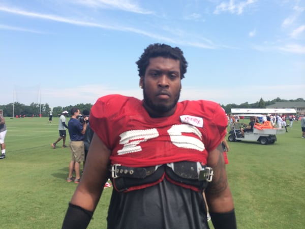 Falcons tackle DeMarcus Love after practice on Wednesday, August 5, 2015. (D. Orlando Ledbetter/DLedbetter@ajc.com)