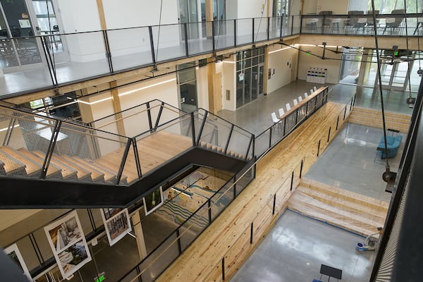 This shows the interior of the Kendeda Building for Innovative Sustainable Design at Georgia Tech, which opened Oct. 24. The interior features reclaimed, sustainable wood, much of which is locally sourced. ALYSSA POINTER / ALYSSA.POINTER@AJC.COM