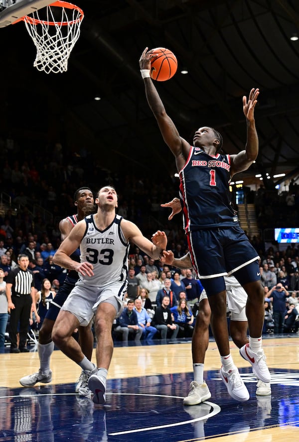 St. John's guard Kadary Richmond (1) shoots the ball in front of Butler forward Boden Kapke (33) during the second half of an NCAA college basketball game, Wednesday, Feb. 26, 2025, in Indianapolis, Ind. (AP Photo/Marc Lebryk)