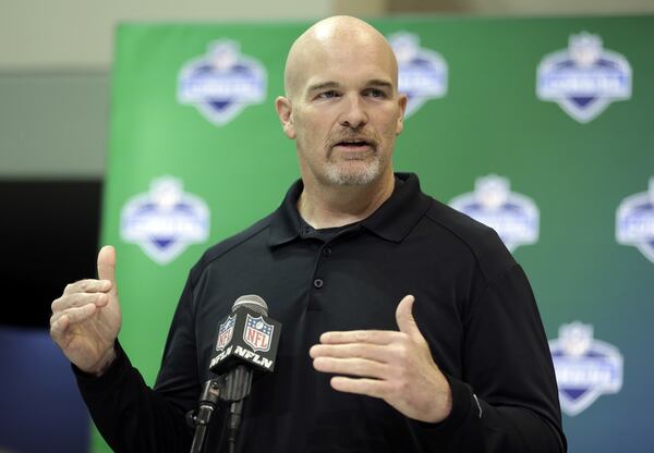  Atlanta Falcons head coach Dan Quinn speaks during a press conference at the NFL Combine in Indianapolis, Wednesday, March 1, 2017. (AP Photo/Michael Conroy)