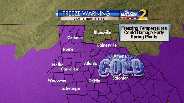 A freeze warning goes into effect early Friday for metro Atlanta and other parts of North Georgia. (Credit: Channel 2 Action News)