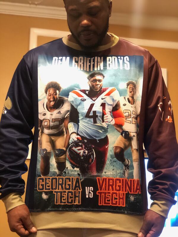 Tyrone Griffin, father of Georgia Tech players Ja'Quon and Jamious Griffin and Virginia Tech player Jaylen Griffin, models a shirt he had made up for the Georgia Tech-Virginia Tech game November 16, 2019. (Photo courtesy Tyrone Griffin)