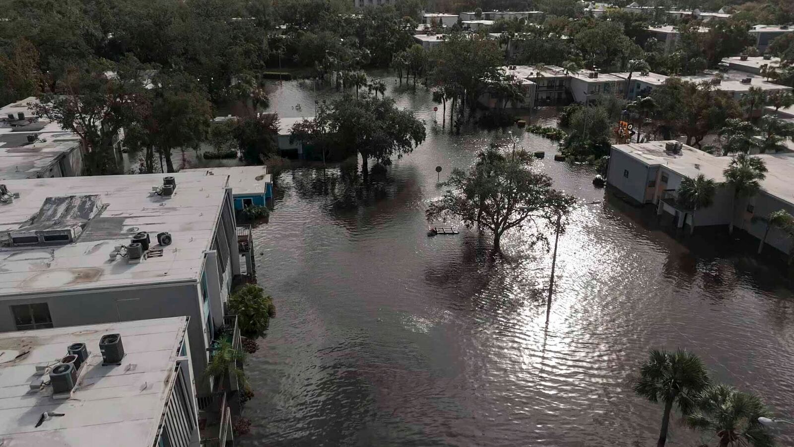 Floodwaters in a Clearwater, Florida, apartment complex where people were being rescued Thursday in the aftermath of Hurricane Milton.